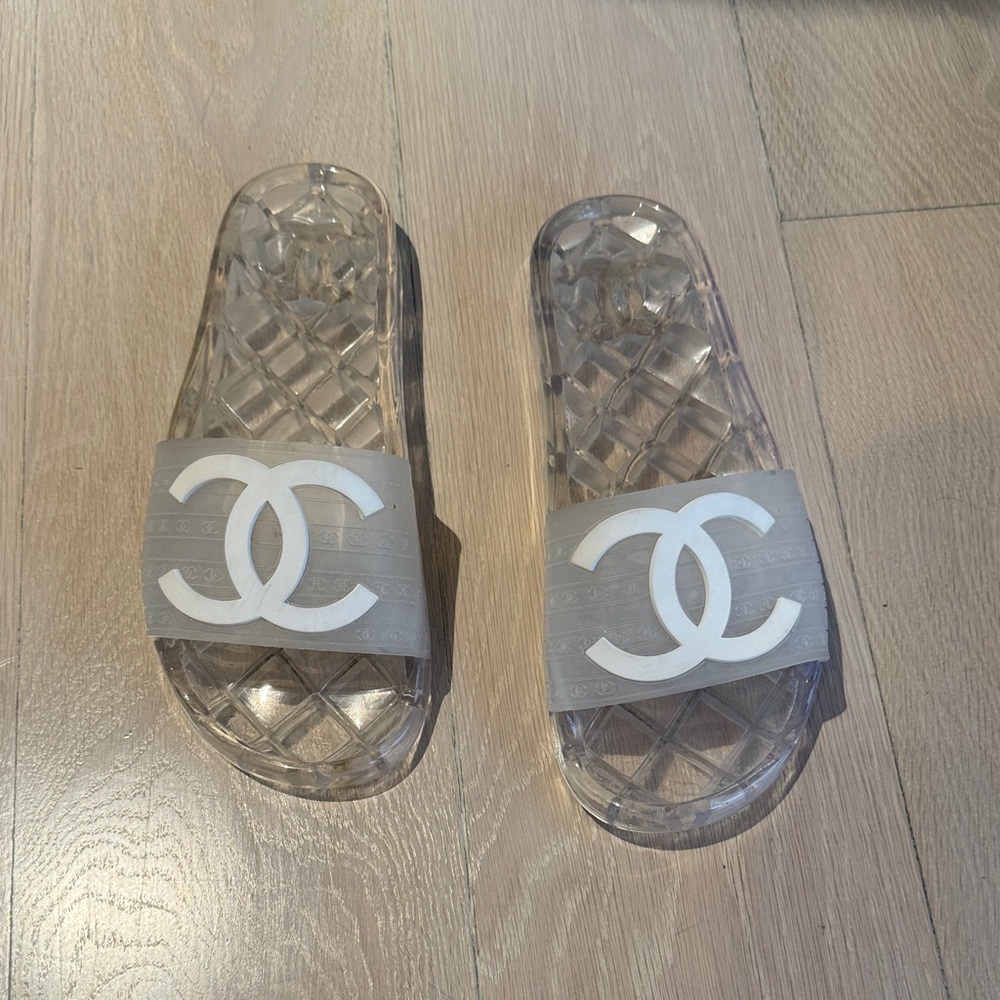 CHANEL Transparent Slide Sandals with White Logo